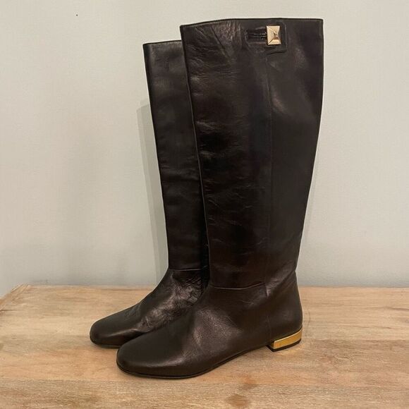 Kate Spade Knee High Boots Black Leather Made Italy Size 7 Gold Heel Equestrian - Picture 1 of 12